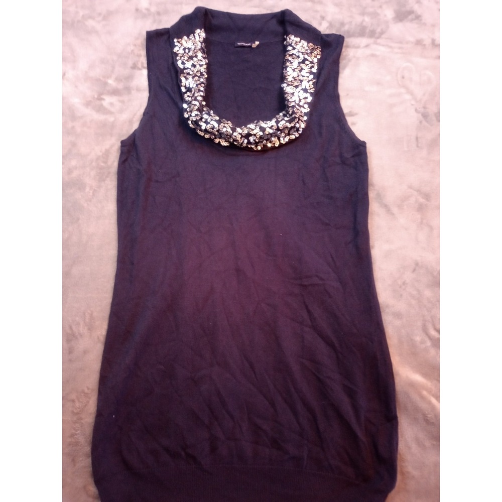 Magaschoni Dress Womens Sz Large Blue Scoop Cowl Neck Sequins Knit Cotton Blend‎